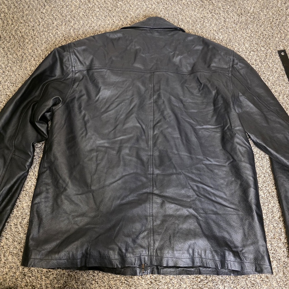 Vintage Leather Coat Mens 2XLT Black Genuine Leather Overcoat Quilted Lined Zip - Picture 8 of 9